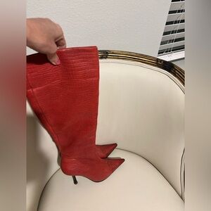 Red Crocodile-Embossed Knee-High Boots